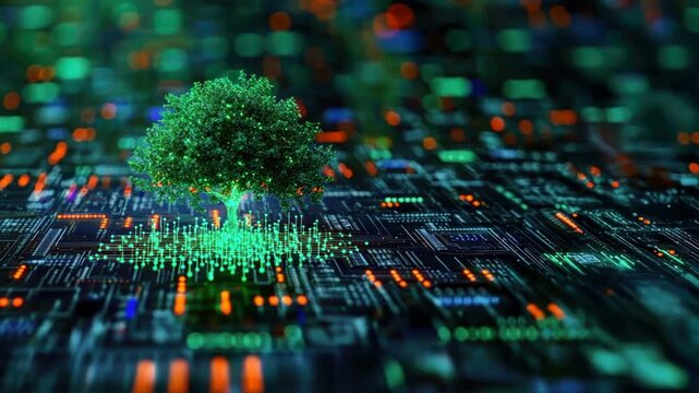 Green tree growing on digital data surrounded by glowing circuit patterns symbolizing Employee Provident Fund innovation, EPF account features, employee benefits, and savings