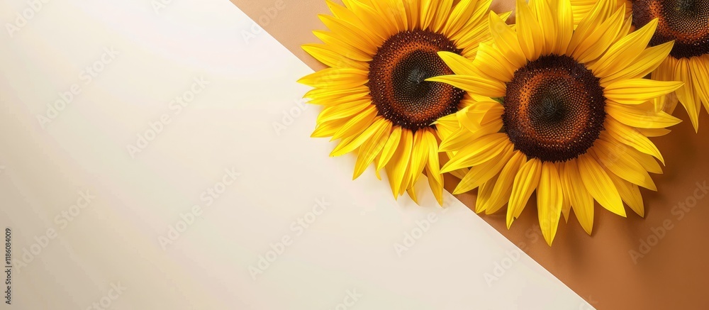 Poster Sunflower heads placed diagonally on a white and brown paper background in close up A lovely card design suitable for any greetings. with copy space image. Place for adding text or design