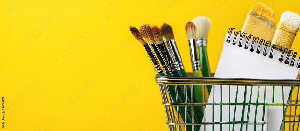 Poster a flat metal shopping basket featuring artistic colors of yellow green and white along with brushes 