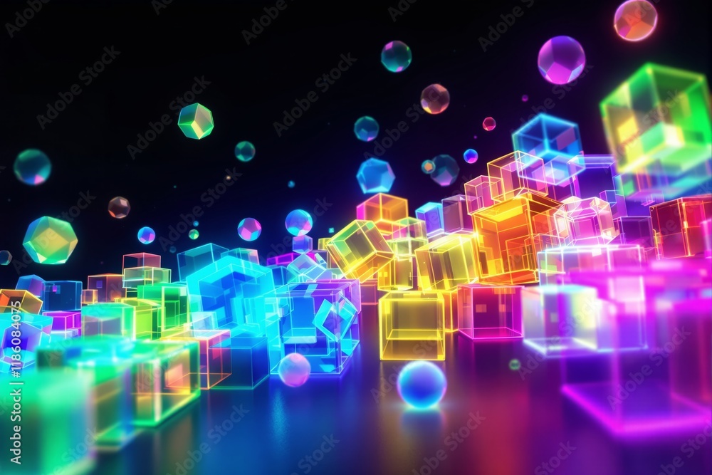 Poster floating colorful glowing cubes and spheres in a vibrant abstract arrangement, illuminated on a dark
