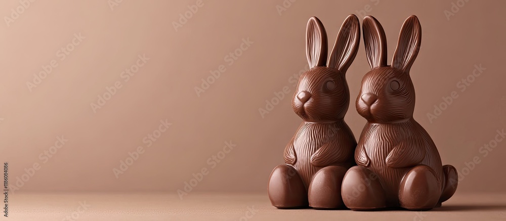 Poster tasty Easter bunnies crafted from Swiss chocolate. with copy space image. Place for adding text or design