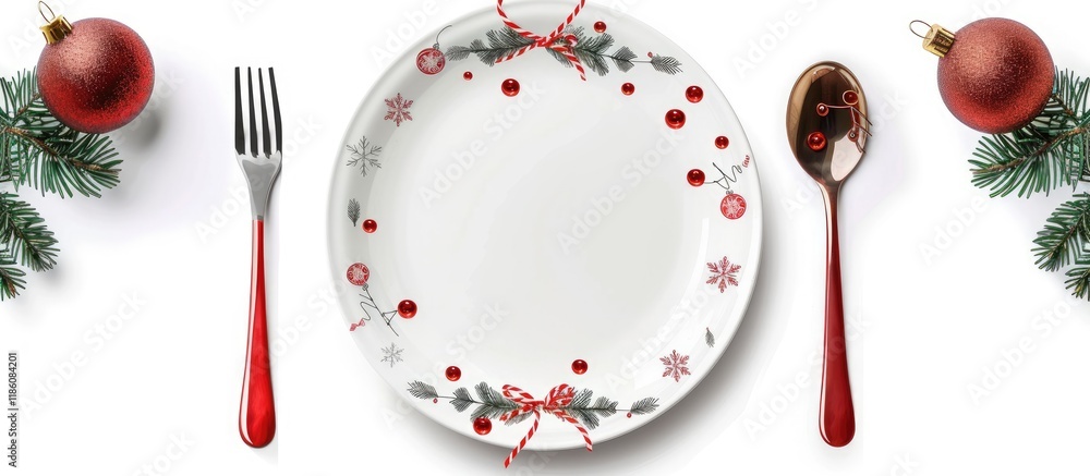 Poster Isolated Christmas plate with decorations along with a fork and spoon New Year holiday backdrop Top view. with copy space image. Place for adding text or design