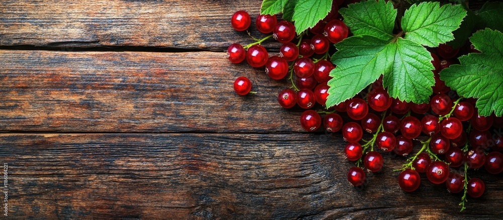Poster fresh red currants with green leaves on a rustic wooden table top view with copy space