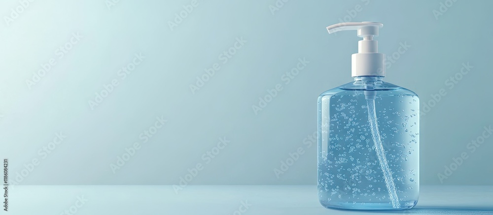 Poster Liquid soap in a plastic bottle with a pump on a white background The theme of skin care. with copy space image. Place for adding text or design