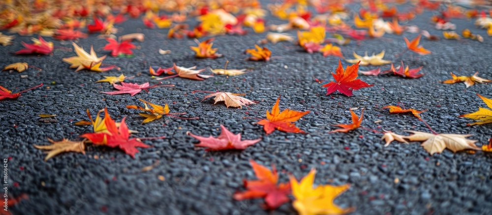 Poster autumn colors tiny maple leaves in red yellow and orange lie on an asphalt driveway with a street vi