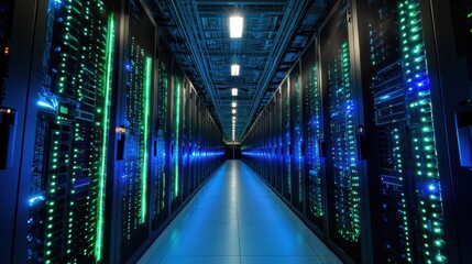 Fototapeta premium Cybersecurity protocol for surveillance A corridor of illuminated server racks in a data center.