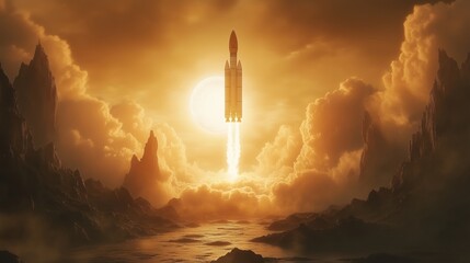 Fototapeta premium Rocket launches into the sky during a solar eclipse with the Sun's corona glowing in the background