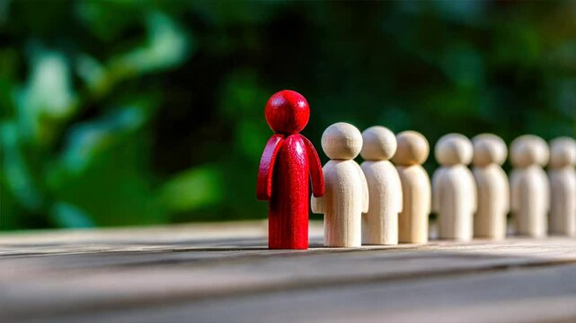 Line of wooden toy people with one red figure and others white symbolizing Employee Provident Fund, EPF account uniqueness, employee benefits, and financial inclusion