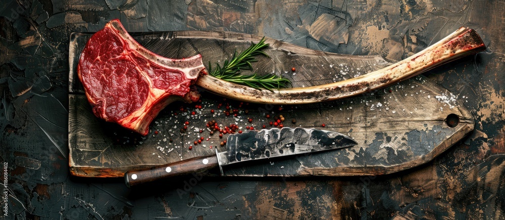 Poster traditional raw dry aged wagyu tomahawk steak in close up on a weathered rustic board with a large k
