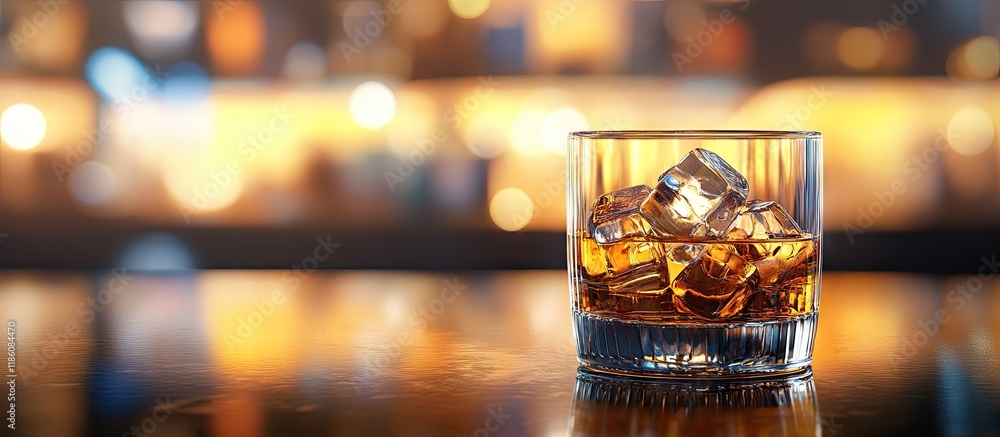 Aufkleber A whisky glass with ice on a shiny bar surface. with copy space image. Place for adding text or design