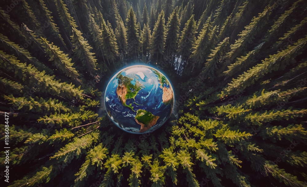 Aufkleber globe is in the middle of a forest. the globe is surrounded by trees. the globe is green and blue