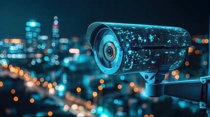 Fototapeta premium Cybersecurity protocol for surveillance High-tech surveillance camera overlooking a city at night.