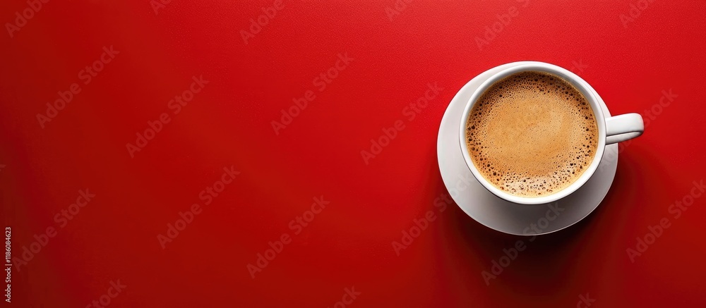Aufkleber coffee cup on a red background top view flat lay with copy space
