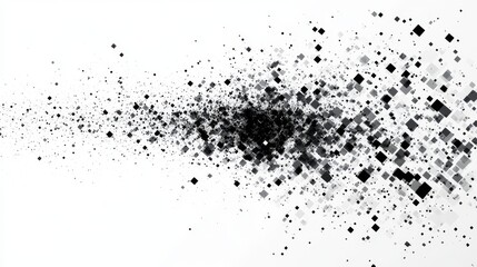 Obraz premium Diagonal cascade of pixel particles, starting as solid black geometric pattern and dissolving into precisely scattered square dots. Pattern maintains strict grid alignment while creating progressive
