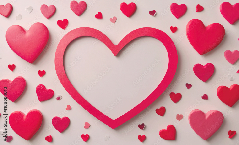 Poster heart with a white background and a red heart in the middle. there are many red hearts surrounding t