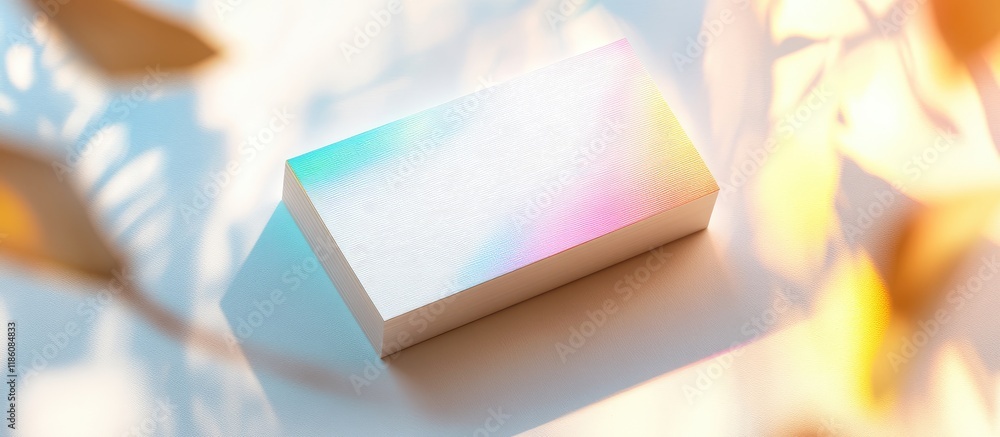 Poster thick white cotton paper business card mockup featuring rainbow foil on the edges. with copy space i