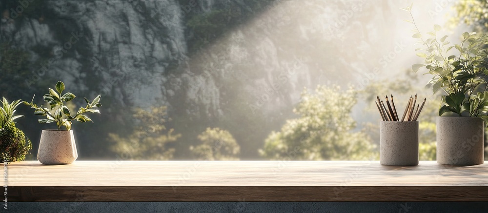 Poster Desk with empty space and stunning natural backdrop Mockup for showcasing or assembling products banner for online media advertising nature themed business presentation. with copy space image