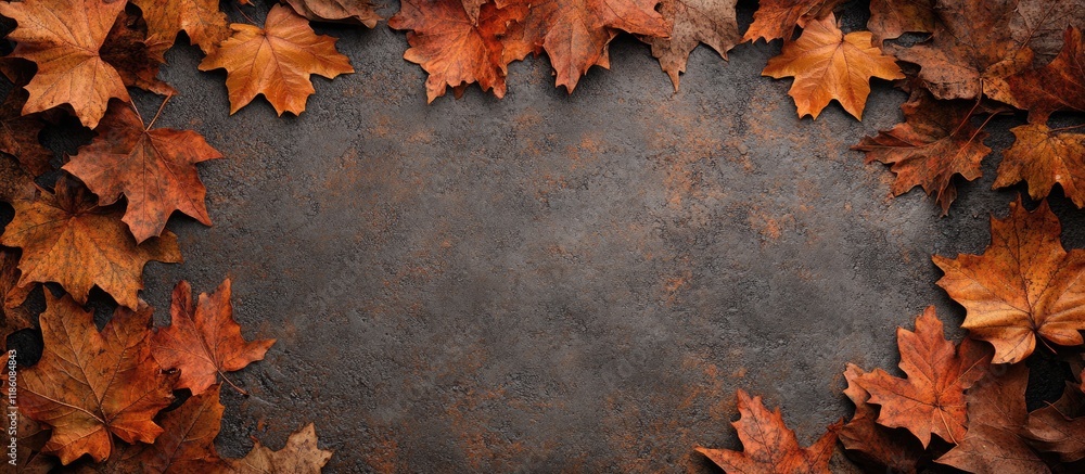 Poster autumn leaves frame a rustic background top view. with copy space image. place for adding text or de