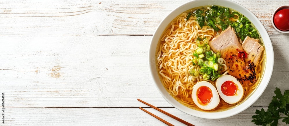 Leinwandbilder tasty ramen in a bowl with chopsticks on a white wooden table text space noodle soup. with copy spac