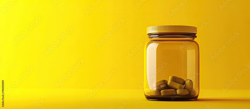 Poster Glass container for pills Attractive yellow backdrop. with copy space image. Place for adding text or design