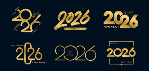 Set of elegant gold 2026 New Year number text design. Collection of luxury 2026 Happy New Year background design. Template greeting card, banner, poster. Vector holidays, business Illustration.