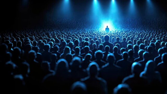 Large crowd of people looking in one direction with a spotlight on one person symbolizing Employee Provident Fund, EPF account focus, employee savings, and benefits