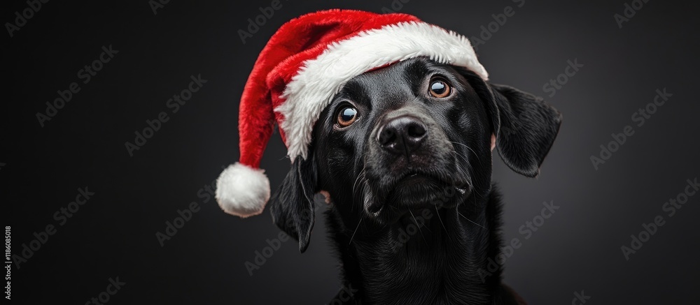Poster a black dog wearing a red santa claus hat appears curious about the noise she heard merry christmas.
