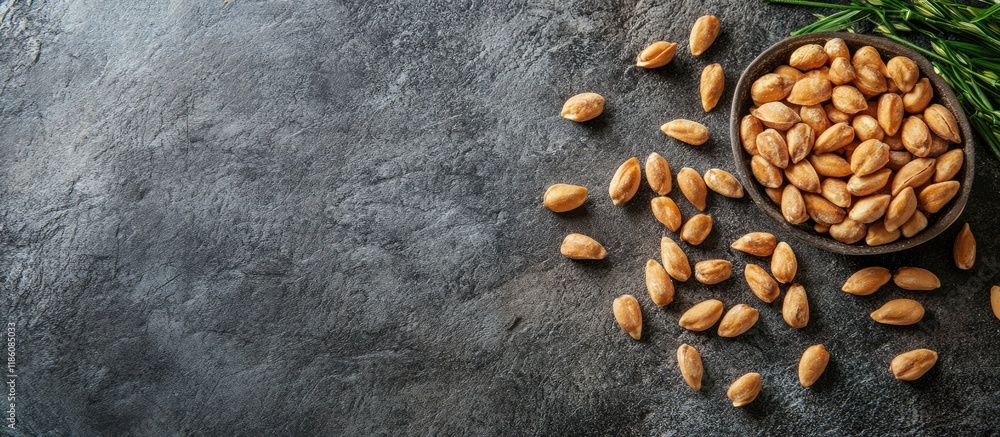 Leinwandbilder pine nuts on a stone table viewed from above with copy space available