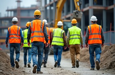 Construction workers in safety vests walk on construction site. Move toward large building under construction. Industrial equipment like heavy machinery visible. Workers wear hard hats. Teamwork