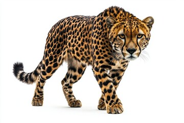 Fototapeta premium A majestic leopard with striking spots walks gracefully against a white background, showcasing its powerful build and keen expression.
