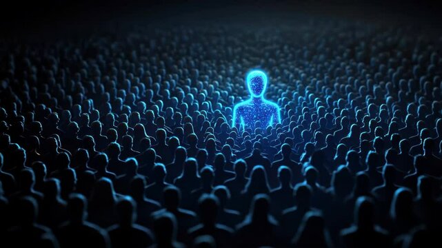 Single glowing blue person in the center of an audience highlighting Employee Provident Fund, EPF account uniqueness, employee benefits, and financial opportunities