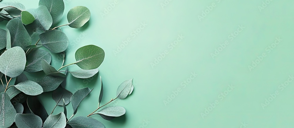 Leinwandbilder flat lay of tropical eucalyptus green leaves on mint sage background. with copy space image. place f