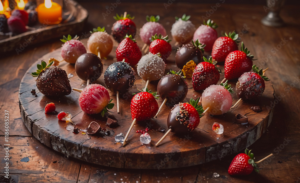 Poster Tray of strawberries with chocolate on top. There are many strawberries on the tray. Some of them are on the left side of the tray and some are on the right side