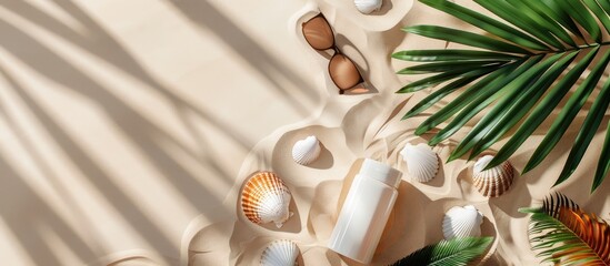 Sunscreen container mockup alongside sea shells sunglasses and a palm leaf on a sandy background. with copy space image. Place for adding text or design