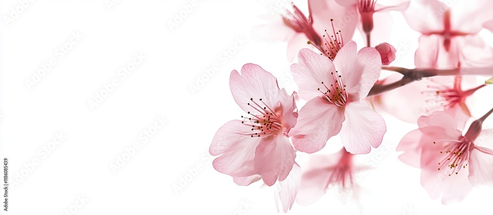 Fototapete Sakura flower cherry blossom isolated on a white background Background for a greeting card Shallow depth of field Soft tones. with copy space image. Place for adding text or design