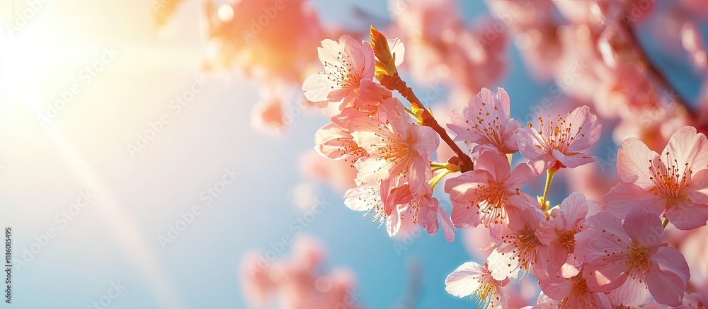 Leinwandbilder double cherry blossoms are in full bloom a branch with flowers stands against a blue sky with sunlig
