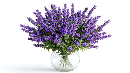 Obraz premium Fresh Lavender Bouquet in a Clear Glass Vase on White Background