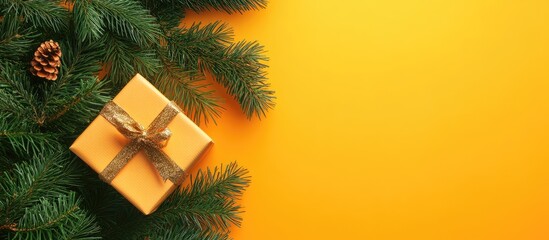 Fir tree branches and a gift box against a yellow and orange background Top view flat lay. with copy space image. Place for adding text or design
