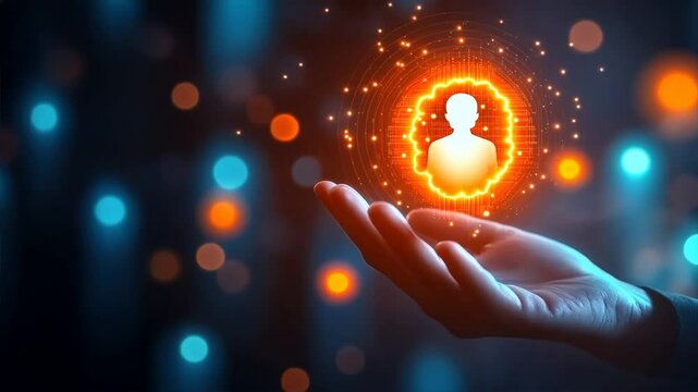 Hand holding a glowing human icon with a data visualization background highlighting Employee Provident Fund, EPF account insights, employee benefits, and savings growth
