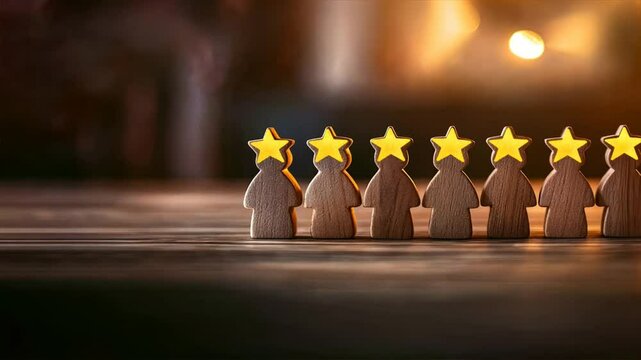 Wooden figurines with five pointed stars standing in a row on a wooden table symbolizing Employee Provident Fund, EPF account recognition, employee savings, and benefits