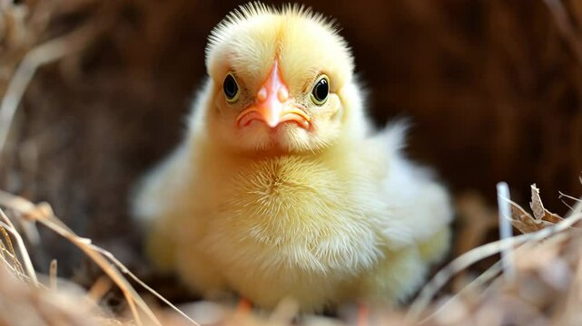 Yellow chick in a cozy nest