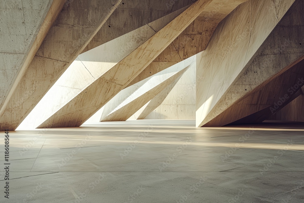 Poster in 3d, sleek modern architecture is depicted with an unblemished concrete floor designated for vehic