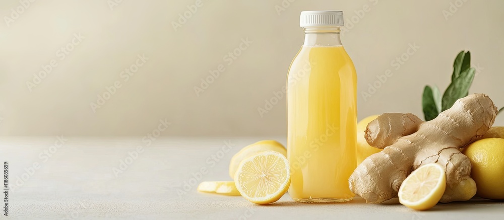 Poster bottle of homemade ginger and lemon juice on a light background horizontal. with copy space image. p