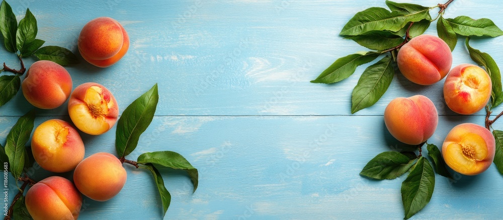 Poster ripe peaches and green leaves on a light blue wooden table arranged in a flat lay banner design feat