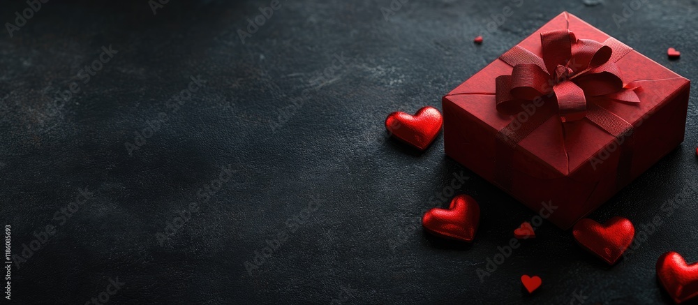 Poster Valentine s Day theme with candy hearts a red gift box on a black background Greeting card featuring space for text. with copy space image. Place for adding text or design