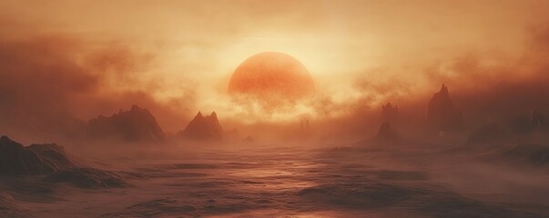 Fototapeta premium Futuristic barren wasteland with a towering red sun in the sky, creating a haunting, hostile environment