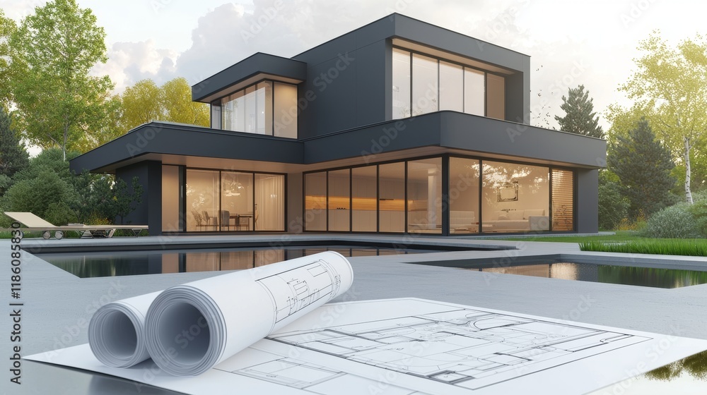 Poster a 3d visual representation of a modern cottage idea from blueprints