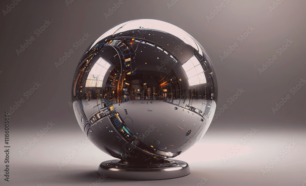 Poster large silver ball with a reflective surface. the ball is sitting on a metal base. the reflection of 