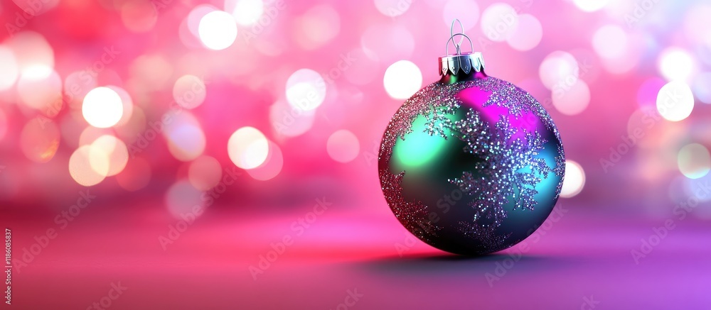 Aufkleber Elegant colored New Year and Christmas ball set against a backdrop with light effects and bokeh Red green magenta lilac purple. with copy space image. Place for adding text or design
