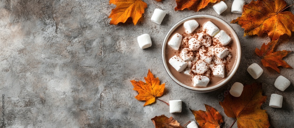 Poster hot chocolate with marshmallows and autumn leaves on a stone or concrete background top view flat la